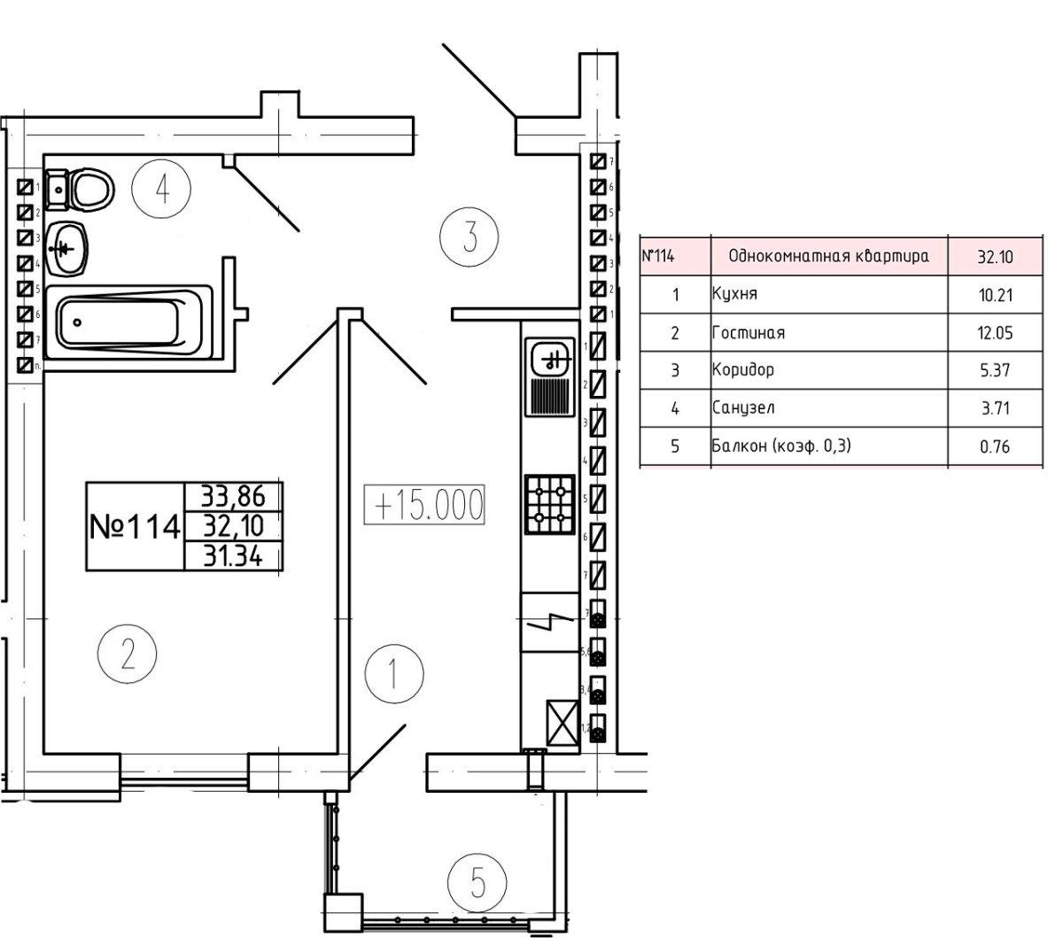 1-комнатная квартира, 32.1 м²