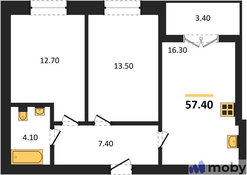 2-комнатная квартира, 57.4 м²