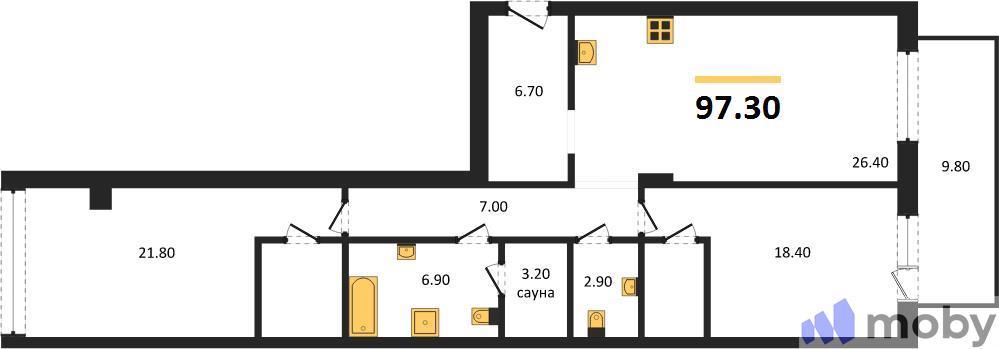 2-комнатная квартира, 96.1 м²