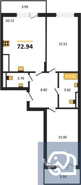 2-комнатная квартира, 73.7 м²