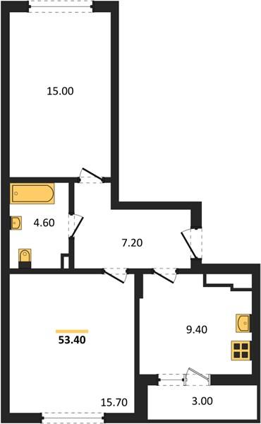 2-комнатная квартира, 53.4 м²