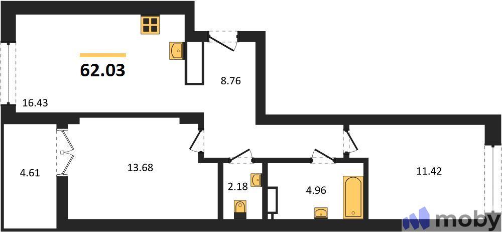 2-комнатная квартира, 62.0 м²