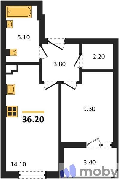 1-комнатная квартира, 36.2 м²