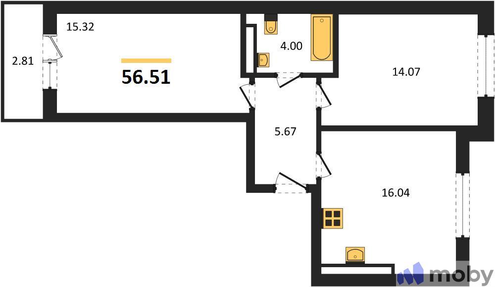 2-комнатная квартира, 56.5 м²
