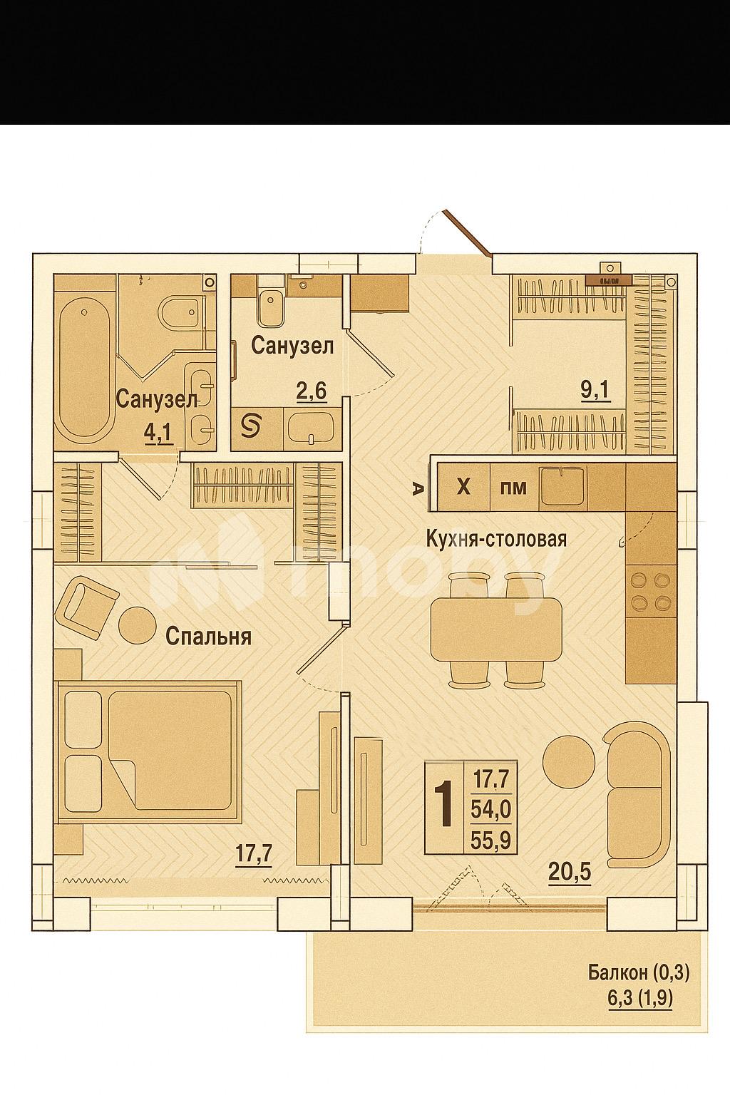 1-комнатная квартира, 55.9 м²