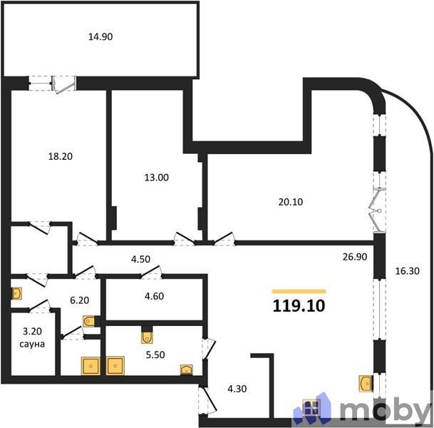 3-комнатная квартира, 119.1 м²