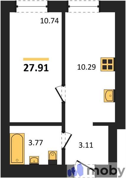 1-комнатная квартира, 27.9 м²