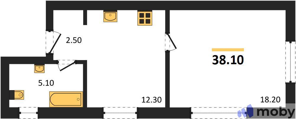 1-комнатная квартира, 38.1 м²