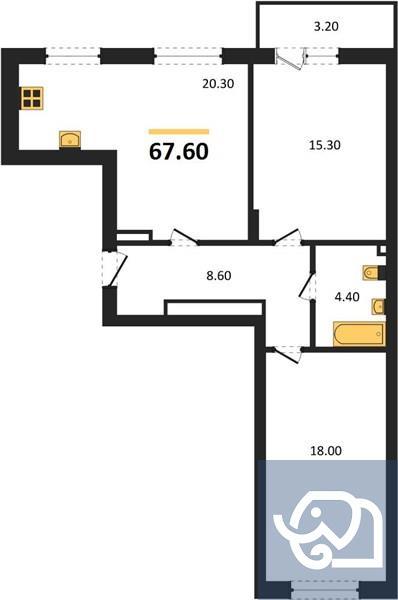 2-комнатная квартира, 67.6 м²