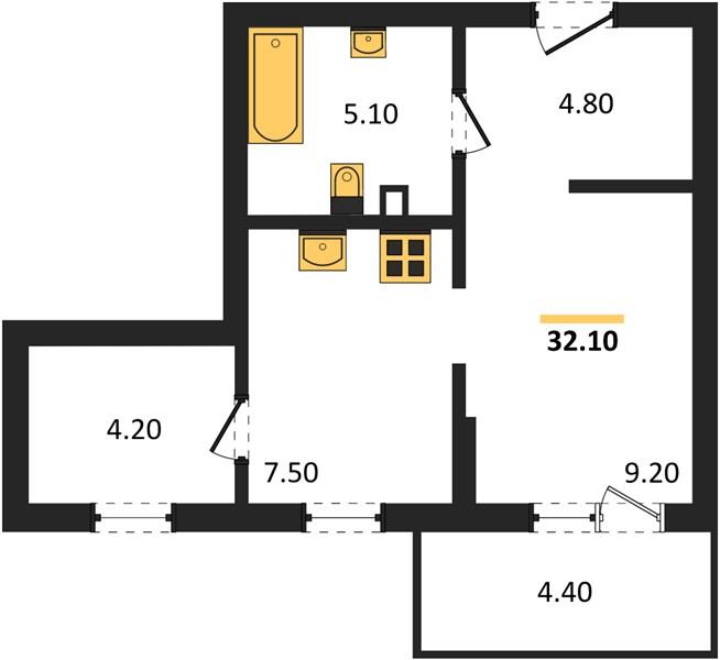 1-комнатная квартира, 32.1 м²