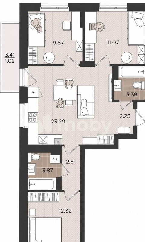 3-комнатная квартира, 68.8 м²