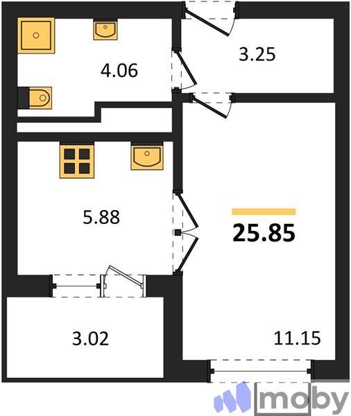1-комнатная квартира, 25.9 м²