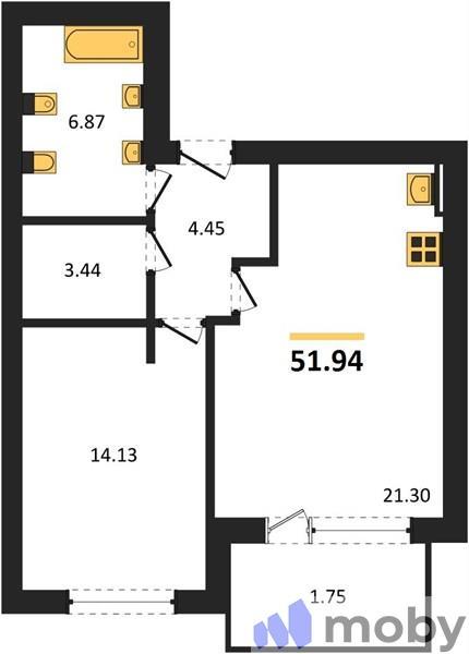 1-комнатная квартира, 51.9 м²