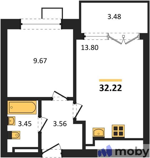 1-комнатная квартира, 32.2 м²
