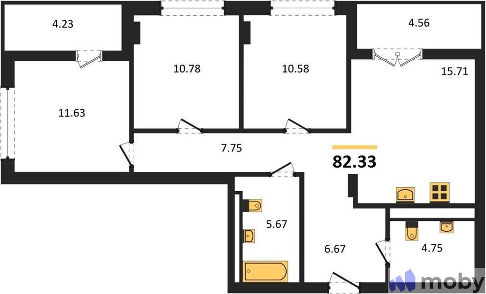 3-комнатная квартира, 83.8 м²