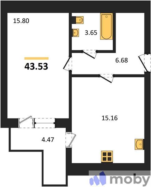 1-комнатная квартира, 43.5 м²