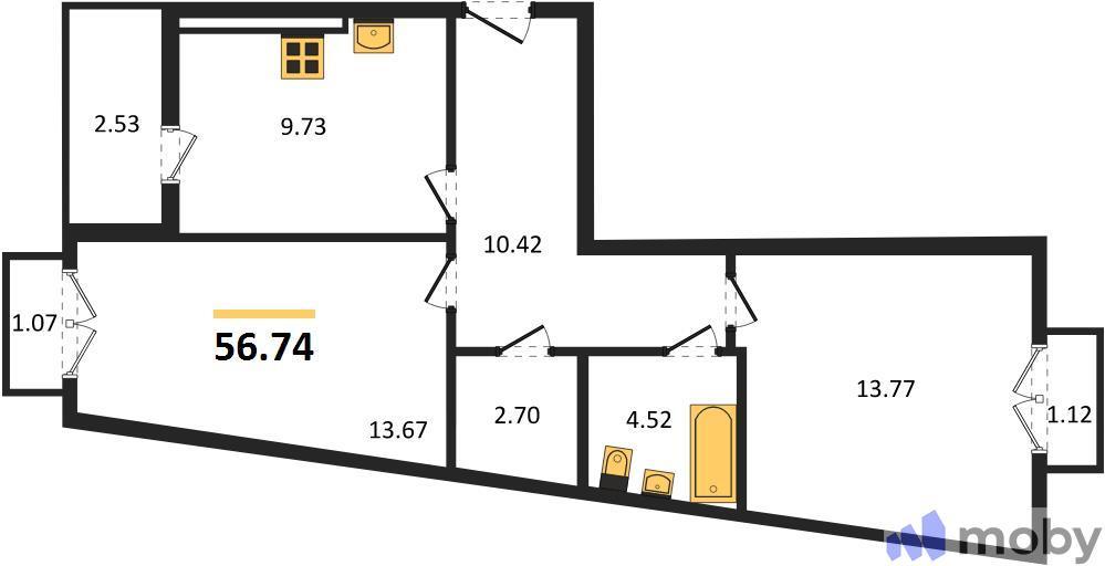 2-комнатная квартира, 56.7 м²