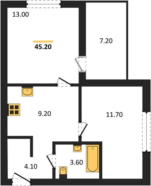 2-комнатная квартира, 45.2 м²