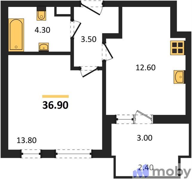 1-комнатная квартира, 36.9 м²