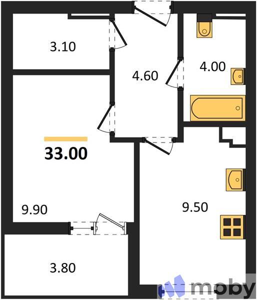 1-комнатная квартира, 33.0 м²