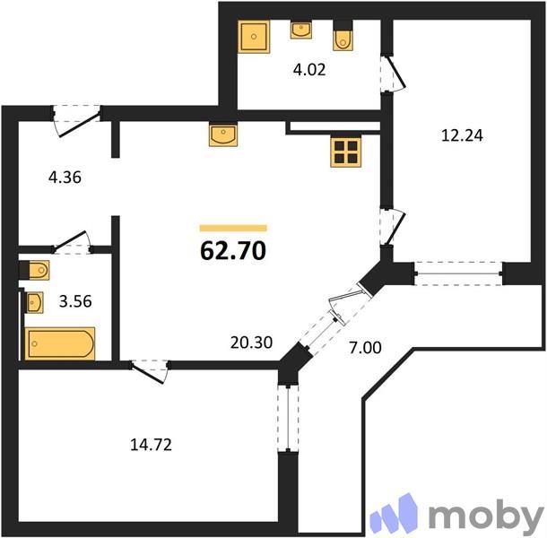 2-комнатная квартира, 62.7 м²
