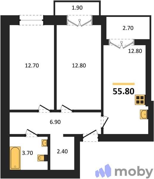 2-комнатная квартира, 55.8 м²