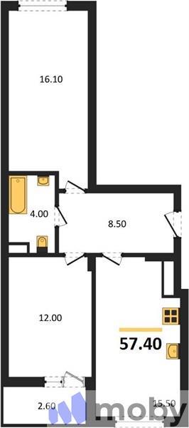 2-комнатная квартира, 57.4 м²