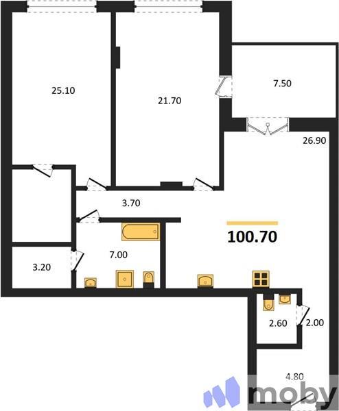 2-комнатная квартира, 100.7 м²