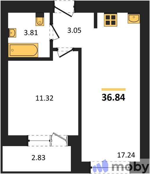 1-комнатная квартира, 36.8 м²