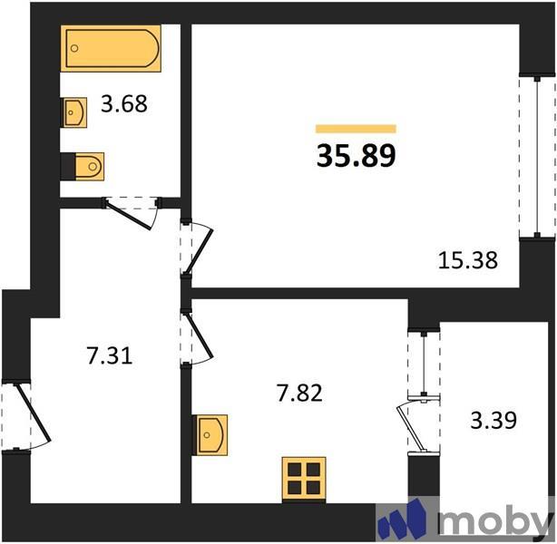 1-комнатная квартира, 37.6 м²
