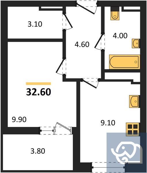 1-комнатная квартира, 32.6 м²