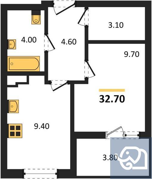 1-комнатная квартира, 32.7 м²