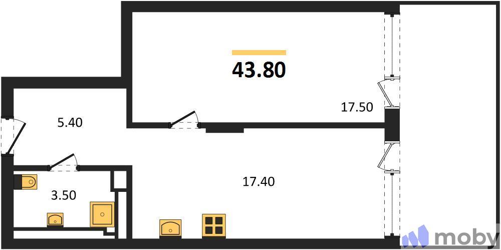 1-комнатная квартира, 43.8 м²