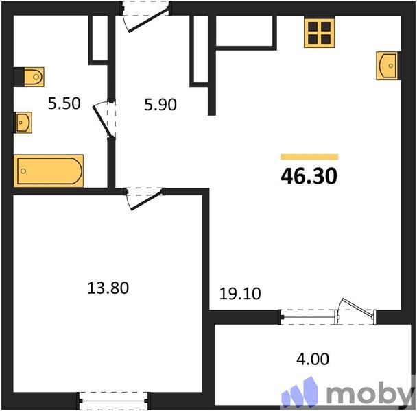 1-комнатная квартира, 46.3 м²