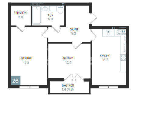 2-комнатная квартира, 63.8 м²