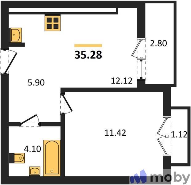 1-комнатная квартира, 35.3 м²