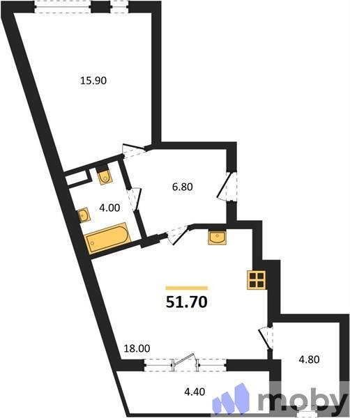 1-комнатная квартира, 51.7 м²