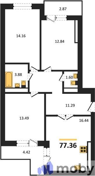 3-комнатная квартира, 77.4 м²