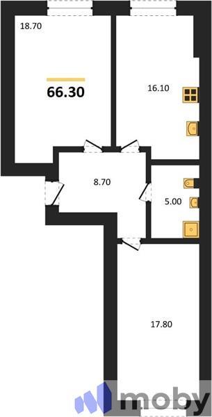2-комнатная квартира, 66.3 м²