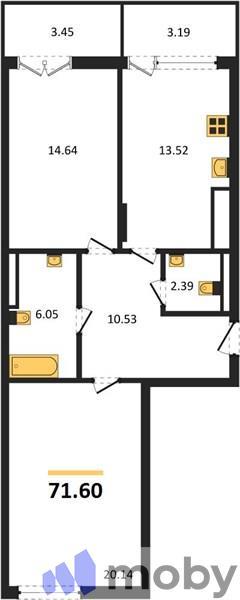 2-комнатная квартира, 71.6 м²
