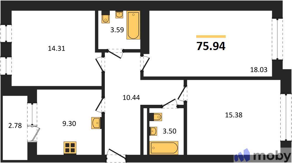 3-комнатная квартира, 75.9 м²