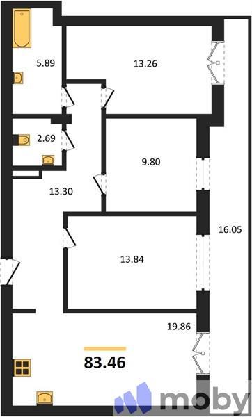 3-комнатная квартира, 84.1 м²