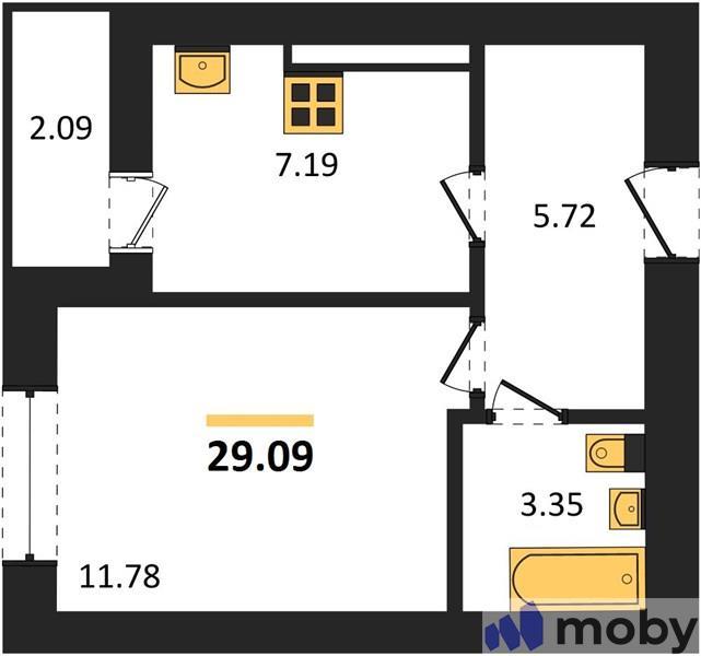 1-комнатная квартира, 30.1 м²