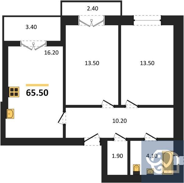 2-комнатная квартира, 65.5 м²