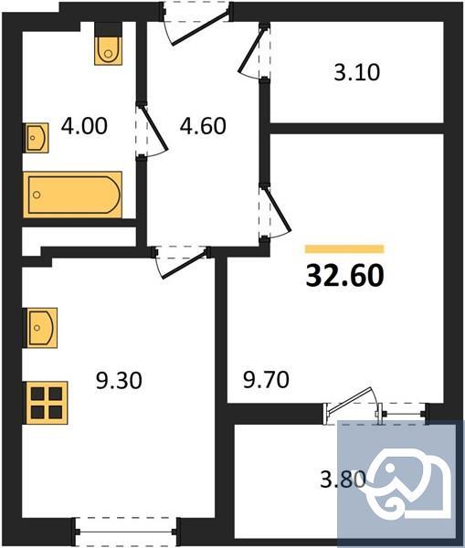 1-комнатная квартира, 32.6 м²