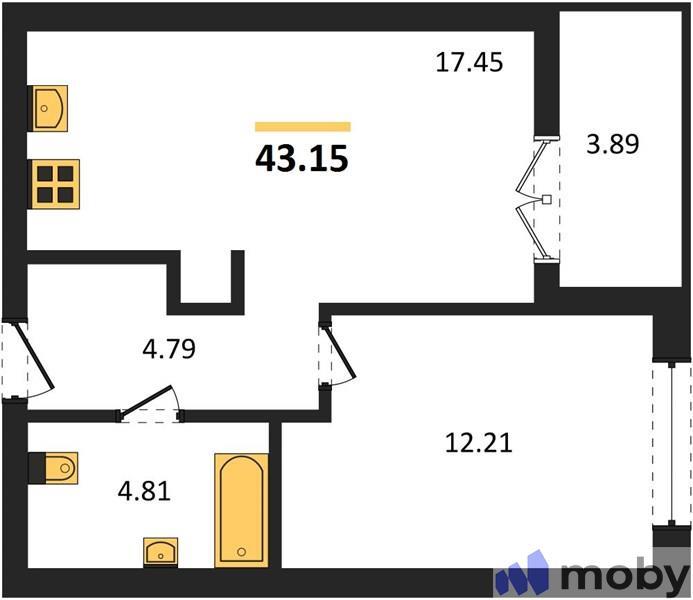 1-комнатная квартира, 43.2 м²