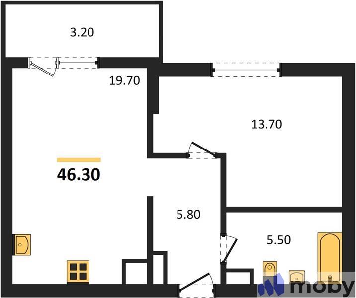 1-комнатная квартира, 46.3 м²