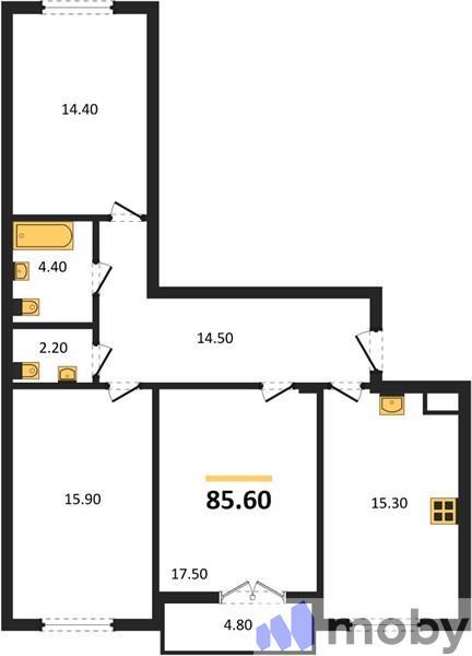 3-комнатная квартира, 85.6 м²