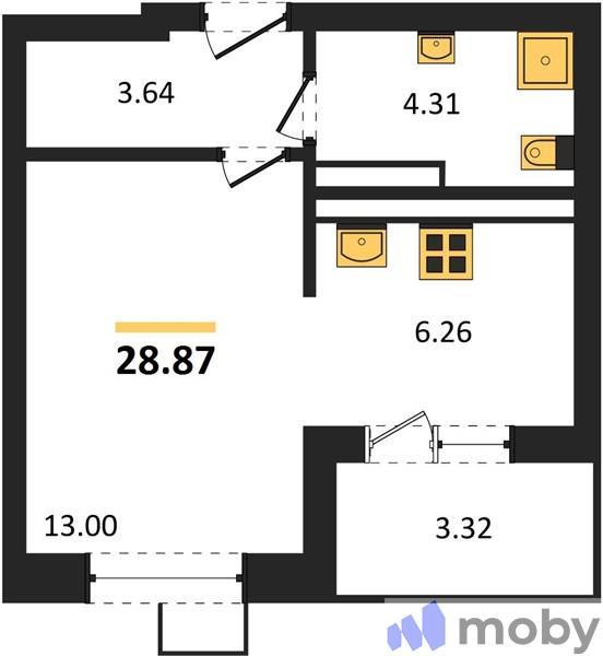 1-комнатная квартира, 28.9 м²