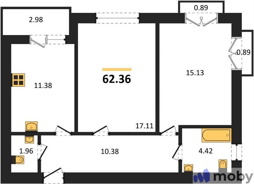 2-комнатная квартира, 62.4 м²